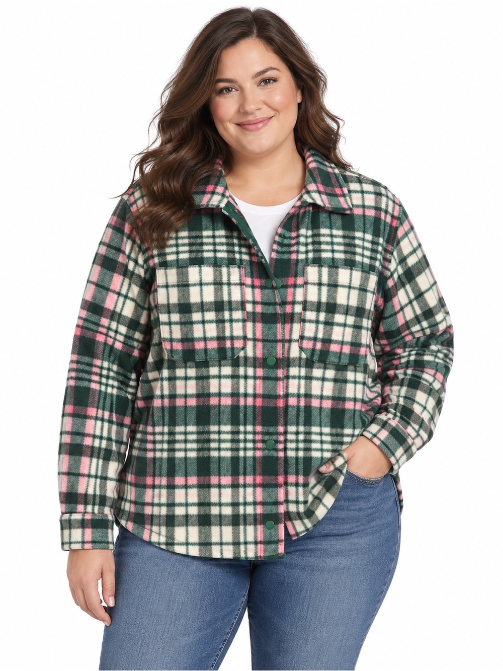 Lands’ End 1X Plaid Fleece Shacket Green Pink Cream Snap Front Jacket